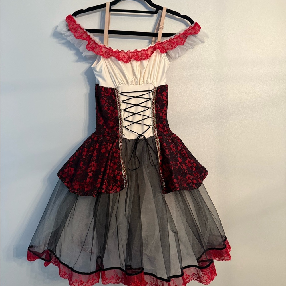 Revolution Dancewear; Red, Black detailed overlay, corset top, tulle skirt